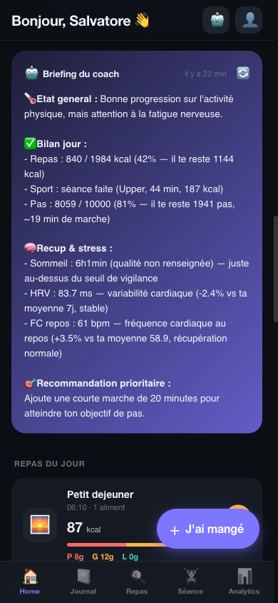 Briefing quotidien du coach IA NexusFit : bilan du jour, récupération, HRV et recommandation prioritaire