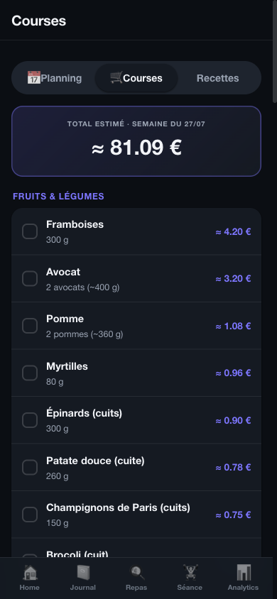 Liste de courses NexusFit : total estimé de la semaine et articles par rayon avec prix