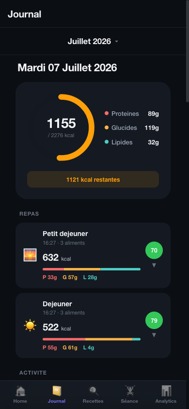 Journal quotidien NexusFit : anneau calories, macros et repas du jour