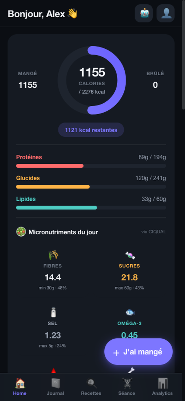 Dashboard nutrition NexusFit : anneau calories, macros et micronutriments