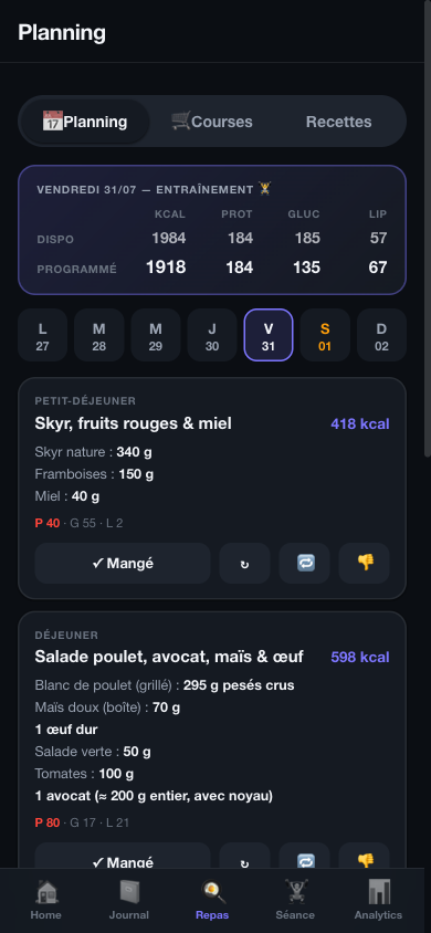 Planning repas NexusFit : journée calibrée au gramme avec objectif et total programmé