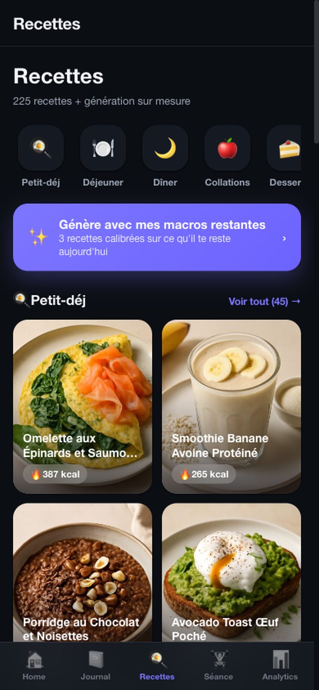 Catalogue de 225 recettes NexusFit avec génération IA sur mesure