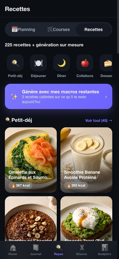 Catalogue de 225 recettes NexusFit avec génération IA sur mesure